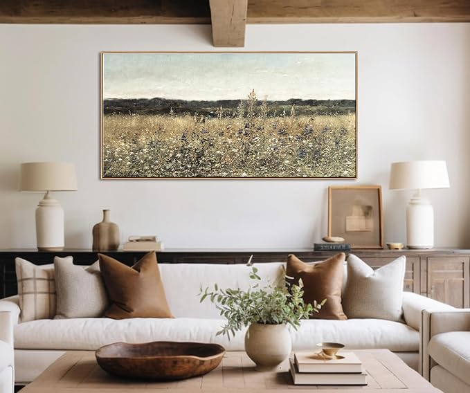 DJSYLIFE Oversized Framed Wall Art, Wildflower Landscape, 29.5 x 57.9 Inch | Extra Large Painting, Vintage Canvas Prints, Ready to Hang, Classical Flowers Pictures, Farmhouse Living Room Bedroom Decor