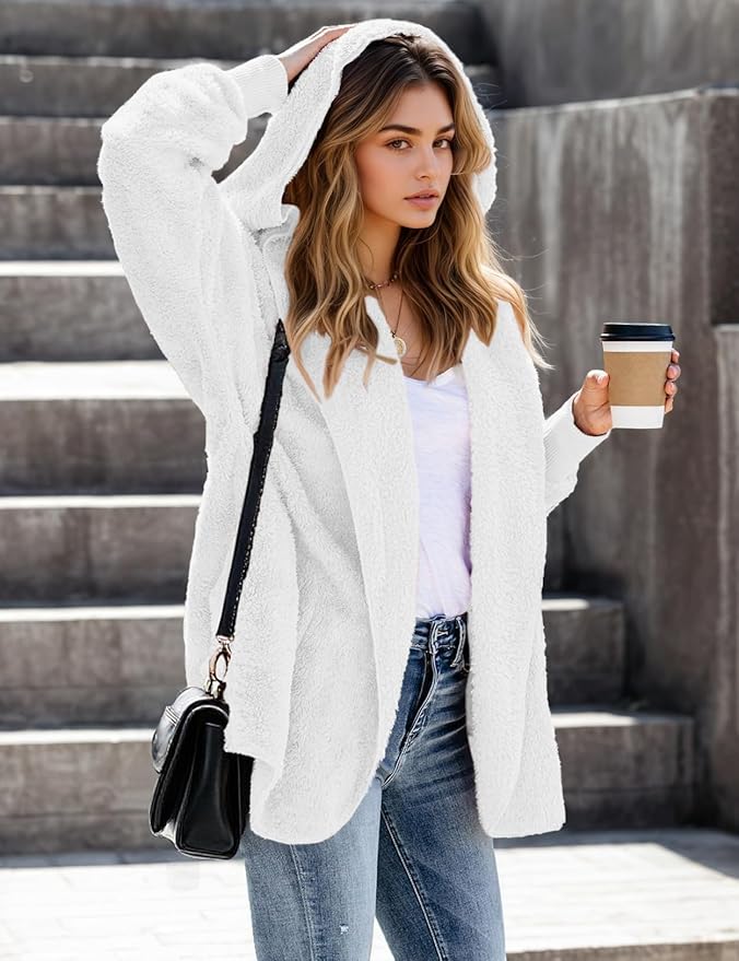 Zilcremo Women Hooded Cardigan Fuzzy Jacket Winter Open Front Fleece Coat Outwear with Pockets