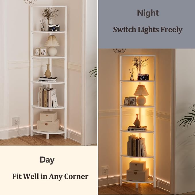 6 Tier Corner Shelf with LED Light, 67.5" White Narrow Bookshelf | Tall Standing Shelf Organizer, Storage Rack for Wall Corner, Living Room, Bedroom, Metal Frame, Wood Display Shelf