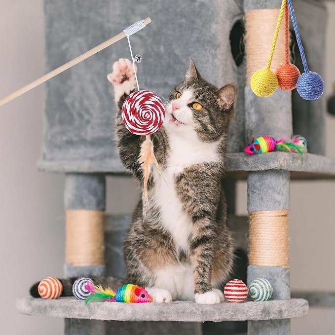 Leitee 20 Pcs Interactive Cat Toys for for Indoor Cats Set, Wooden Cat Wand Toywith Bells Feather Handle Chew Rope Mouse Sisal Balls Kitty Toys for Play Chase Exercise (Colorful)