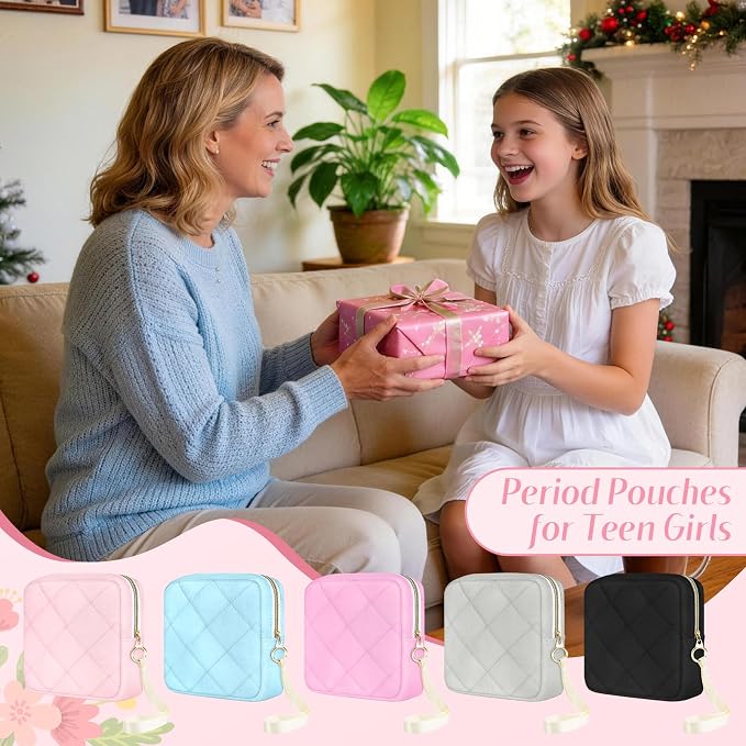 Likesing Quilted Period Bag, Period Pouches for Teen Girls Womens, Portable Sanitary Napkin Storage Bag with Wrist Strap Feminine Emergency Tampon Pad Pouch(Black)