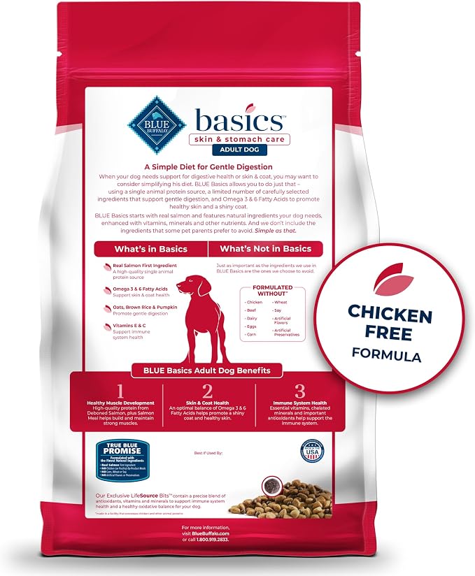 Blue Buffalo Basics Salmon Adult Skin & Stomach Care Dry Dog Food, 24 lb | Real Salmon #1 Ingredient, Limited Ingredient Diet, Antioxidant-Rich LifeSource Bits, Skin & Coat Health