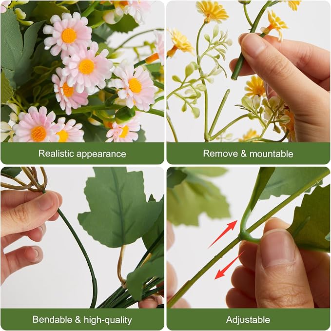 RM ROOMERS Artificial Flowers Plants for Outdoors, Fake Flowers Yellow&Pink | Daisy UV Resistant Faux Flower for Garden Porch Windowbox Front Door Yard, No Fade Home Table Vase Decor (4 Bundles)