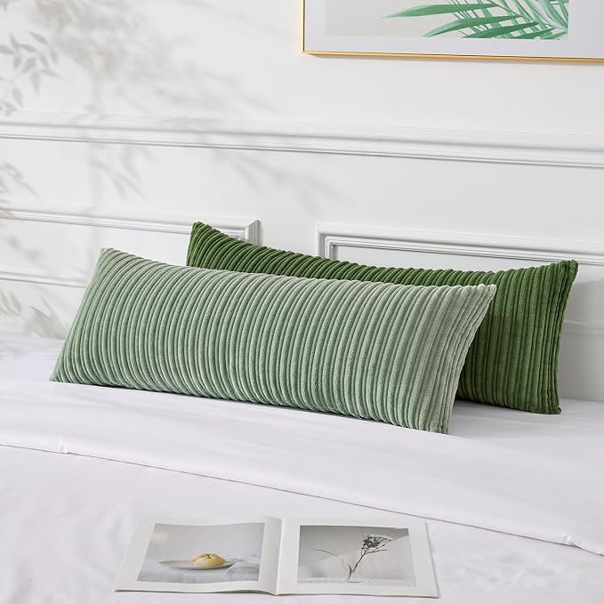 UGASA 14x36 Inch Pillow Cover Pack of 1 Soft Boho Stripe Corduroy Large Long Rectangular Lumbar Cushion Cover Farmhouse Decorative Throw Pillowcase for Bed Couch Sofa Bedroom Living Room, Moss Green