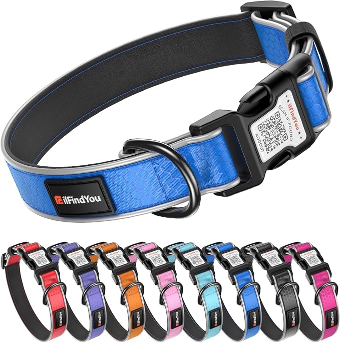 Personalized Dog Collar with QR Code Dog Tag, Oxford Blue S | Anti-lost, Oxford, reflective, padded, XS-L(8"-24"), QR buckle shares lost pet profile, location alerts when scanned, No Fees