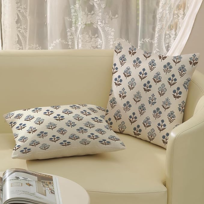 Brown Blue Pillow Covers 22x22 Inch Set of 2 Boho Block Print Floral Throw Pillows Vintage Flower Decorative Pillow Cases Outdoor Linen Farmhouse Cushion Cover for Couch Sofa Bed Decor