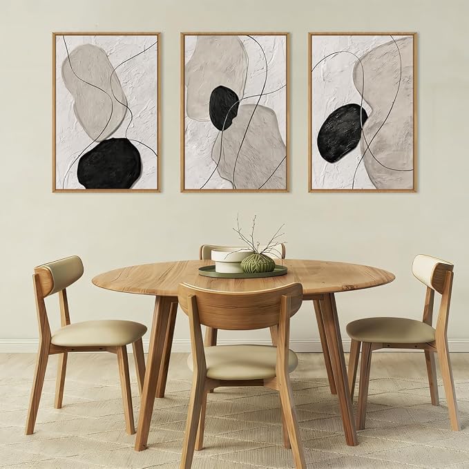 ANHUIB Neutral Abstract Wall Art Canvas,Mordern Geometric Wall Decor Framed,Contemporary Minimalist Artwork, Black Beige Canvas Prints, 3 Piece 16 * 24IN Painting for Living Room Bedroom Office