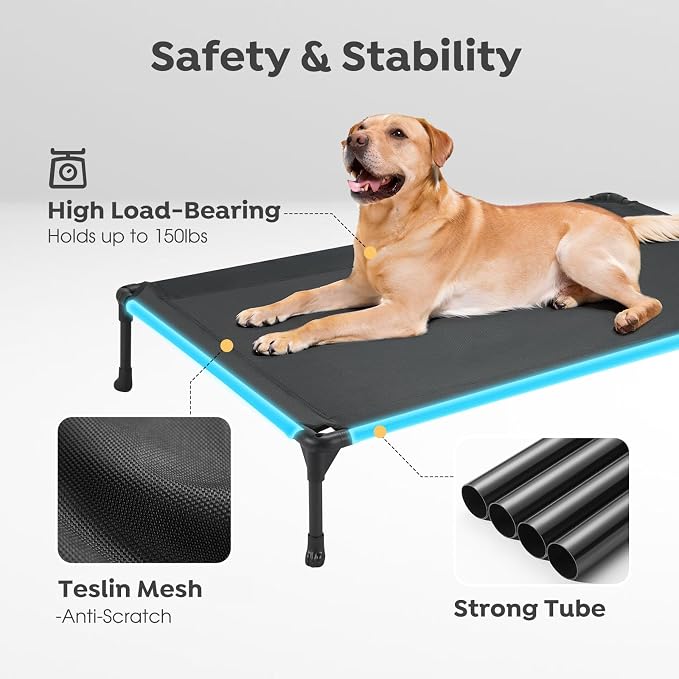 Veehoo 2 Pack Outdoor Elevated Dog Bed for Large Dogs, Cooling Raised Cots | Off-ground training platform, portable camping hammock, breathable mesh, easy to clean, no-tool setup, 42"x30", Black