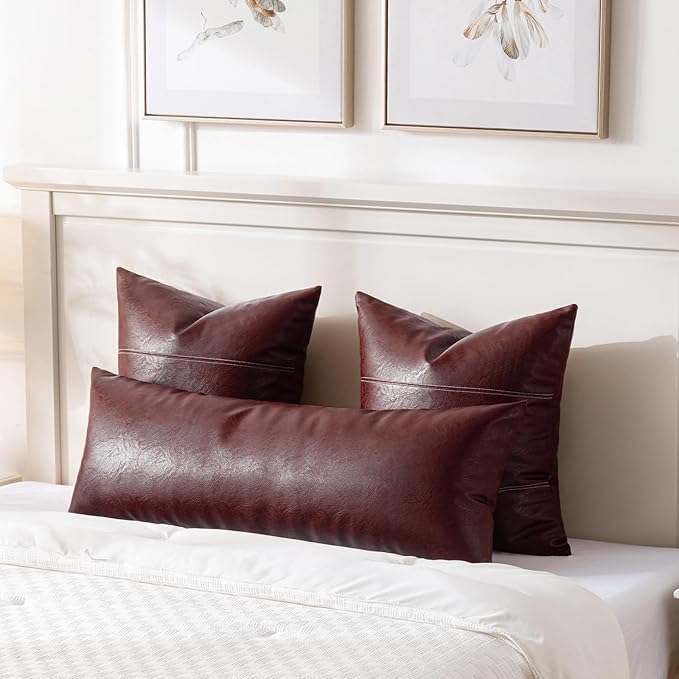 Fancy Homi Burgundy Boho Lumbar Faux Leather Long Body Decorative Throw Pillow Cover 12x40 Inch for Bed Couch Sofa Bench, Thick Stylish Solid Wine Red Pillowcase, Rustic Modern Farmhouse Room Decor