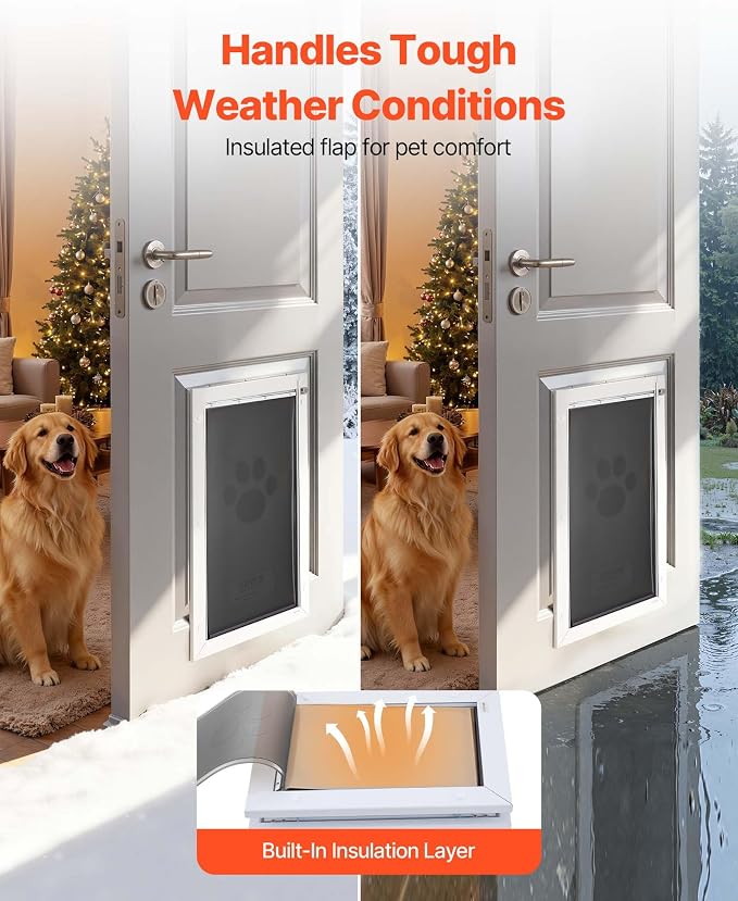 VEVOR Pet Door, X-Large, with Three Magnetic Flaps and Metal Frame, Strong and Weatherproof Dog Door for Interior and Exterior Doors, Easy to Install, Easy in-and-Out Access for Doggies, White