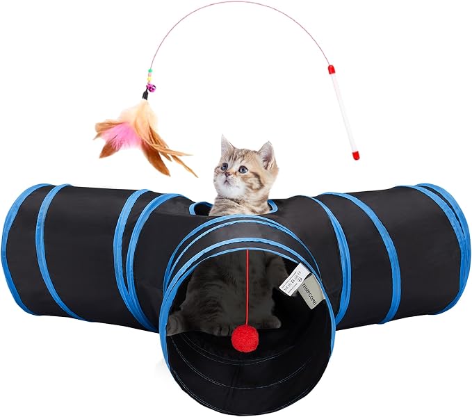 Tempcore Cat Tunnel, 3-Way Collapsible Toy for Indoor Cats, Royal Blue