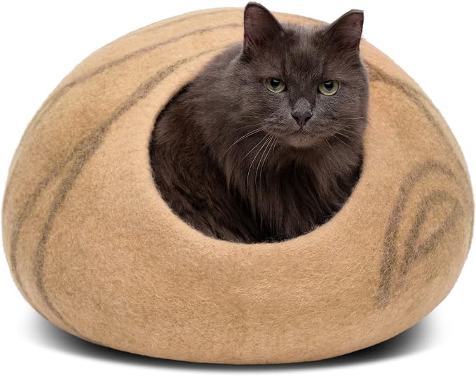 Cat Cave - Merino Wool Bed for Indoor Cats (Beige, Medium) | Cat Bed Enclosure, Premium Felt, Handmade, Super Soft, Lightweight, Breathable, Adjustable Shape