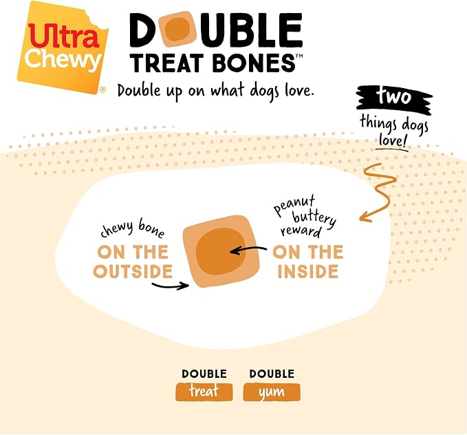 Ultra Chewy Double Treat Bones, Peanut Butter & Chicken, 2 Packs | Long-Lasting, Made in USA, Large and Small Breeds, Highly Digestible, Aggressive Chewers