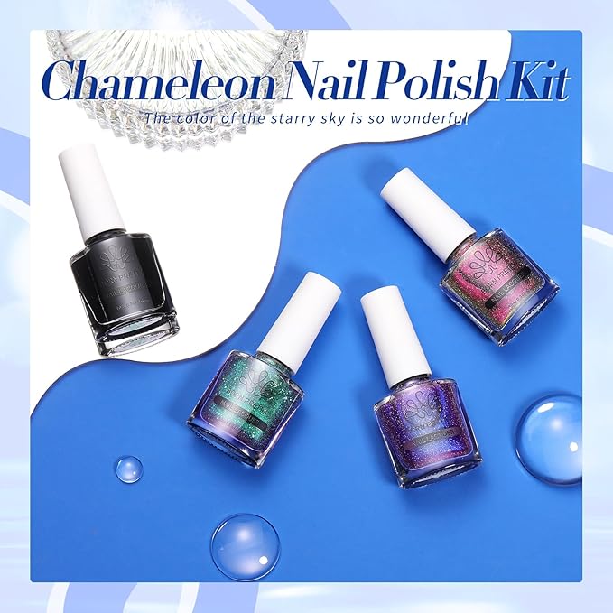 BORN PRETTY Chameleon Nail Polish Set Holographic Glitter Polish Shimmer Nail Art Polish with Black Nail Polish Multicolored Nail Art Varnish 4 Bottles
