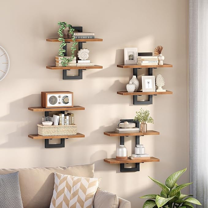 HOOBRO Floating Shelves, 15 Inch Wall Shelf Set of 4, Wall Mounted Storage Shelves 2-Tier, Hanging Bathroom Shelves, for Living Room, Bedroom, Bathroom, Kitchen, Rustic Brown and Black BF32BJP401