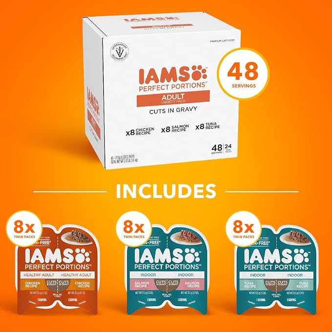 IAMS Perfect Portions Cuts in Gravy Wet Cat Food, Variety, 24 Count | Grain-free, antioxidant Vitamin E for immunity, no artificial flavors or preservatives, 2.6 oz. twin-pack trays, made in USA