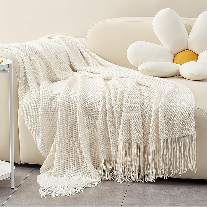 LOMAO Knitted Throw Blanket with Tassels Bubble Textured Lightweight Throws for Couch Cover Home Decor (Cream, 50x60)