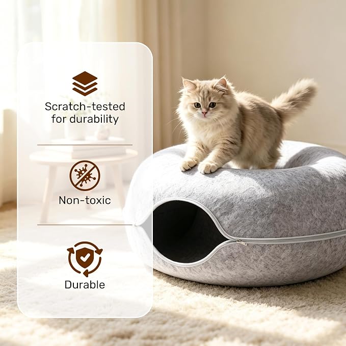 Cat Caves for Indoor Cats, Large Cat Tunnel for Multiple & Large Cats, Scratch Detachable Cave Bed, Kitten Donut Kitty Hideaway Up to 45 Lbs (Light Grey, Jumbo, 1 Pack)