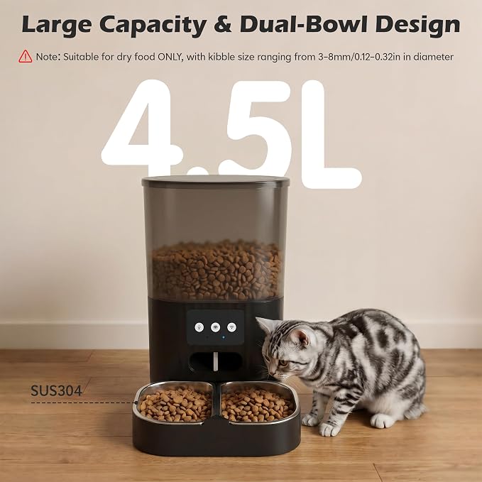 Automatic Cat Feeder, WiFi Cat Food Dispenser with App Control, Smart Dry Pet Food Feeder, 1–10 Meals Per Day, Voice Recording & Stainless Steel Dual-Bowl for Small Pets Indoor(4.5L, Black)