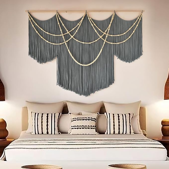 Large Macrame Wall Hanging Grey Boho Wall Art Beaded Decor 57"W*39"L | for Bedroom, Handwoven Cotton Art, Beaded Fiber Design, Textured Wall Accent, Sofa Backdrop Decor, Modern Home Decoration