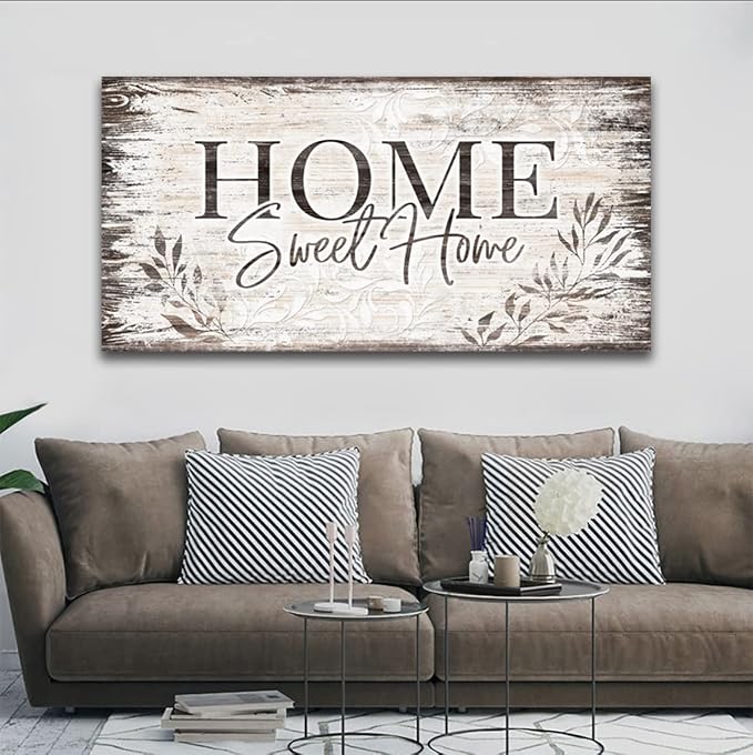 arteWOODS Home Sweet Home Wall Art Sign Large Dark Brown Farmhouse Wall Sign for Living Room Decoration Wooden Board Design Canvas Prints Modern Rustic Artwork Leaf Pictures Wall Decor 24" x 48"