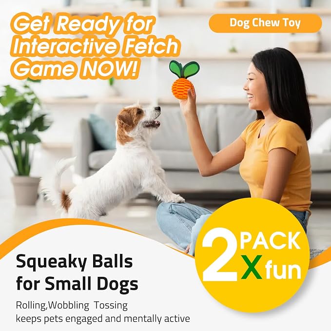 2 Pack Dog Chew Toys for Small Breeds, 2.2" Treat Dispensing Ball, Small Dog Toy Ball with Squeaker for Anxiety & Boredom, Interactive Puppy Chew Toy for Fetch, Tug & Dental Care