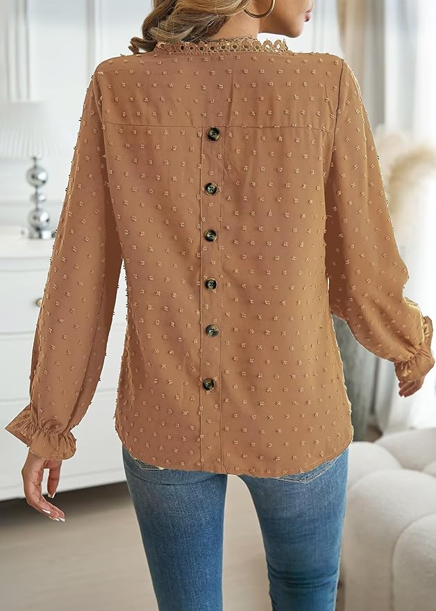 Womens Boho Tops Long Sleeve Shirts For Women Cute Crewneck Blouse Dressy Casual Swiss Dot Crochet Hollow Top 2026