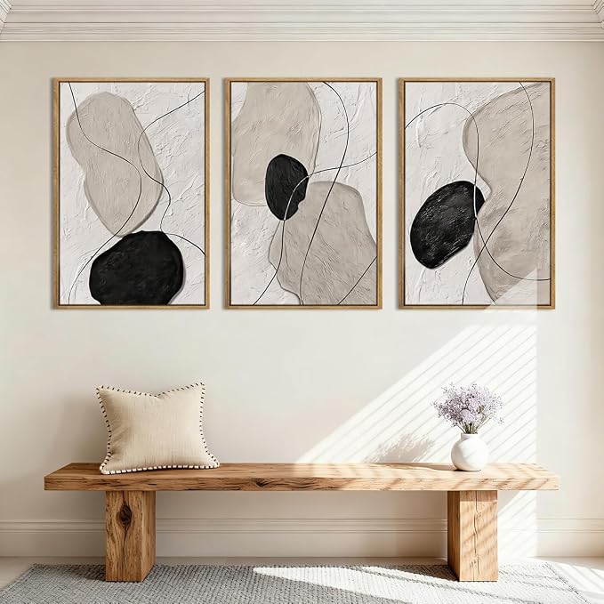 ANHUIB Neutral Abstract Wall Art Canvas,Mordern Geometric Wall Decor Framed,Contemporary Minimalist Artwork, Black Beige Canvas Prints, 3 Piece 16 * 24IN Painting for Living Room Bedroom Office