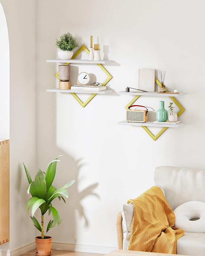 Floating Shelves for Wall, Set of 2 Wall Mounted Shelves, 2-Tier Hanging Shelves, for Living Room, Bedroom, Kitchen, Office, Study, Gold and White TBJ01P2JW