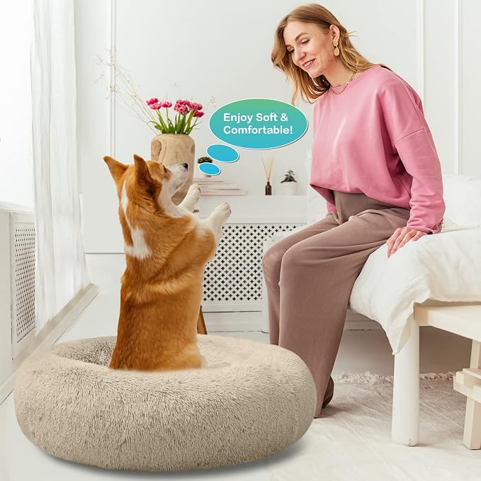 SAVFOX 36 inches Calming Donut Dog Bed - 3X Durable Plush Faux Fur, Machine Washable & Non-Slip, Fits up to 100 lbs, Beige