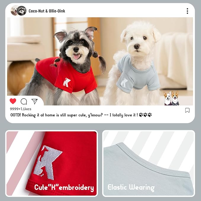 Koneseve Dog Shirts Breathable Cotton Stretchy - Sunny Red & Smoky Blue L | 2-Pack Soft Basic T-Shirt for Small Dogs & Cats, Solid Plain Outfit for All Seasons, Easy Pull-On, Daily Wear & Outdoor Walks