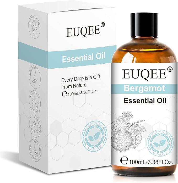 EUQEE 100ml Bergamot Essential Oil, Pure Bergamot Essential Oil for Diffuser, Massage, DIY Soap,Candle Making, Skin & Hair Care - 3.38 Fl Oz