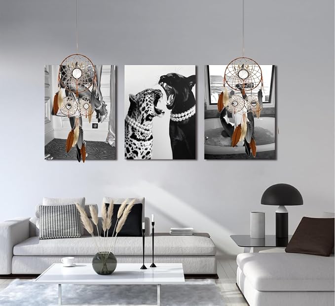 Bathroom Fashion Leopard Print Black and White Canvas Wall Art Trendy Women Posters Paintings Luxury Feminist Pictures Wall Decor for Bedroom Living Room Hallway Home Decoration 12×16 In Framed