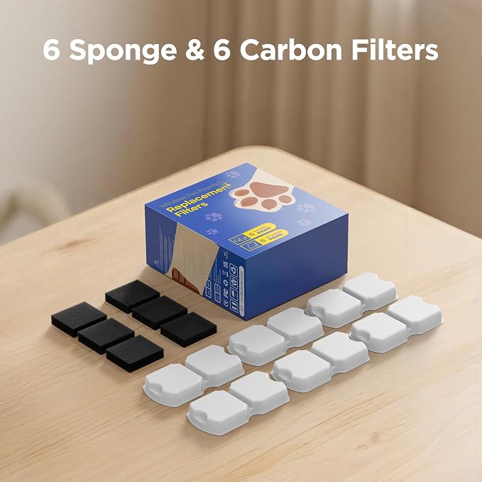 GIOTOHUN Cat Water Fountain Filter: 12 Cat Fountain Filter Replacement - 12 Pet Fountains Filters Replacement - 6 Filters & 6 Sponges - Suitable for ATMZIQXR GIOTOHUN KOOGMOON UMOCUOY IHOUONE HOOISE