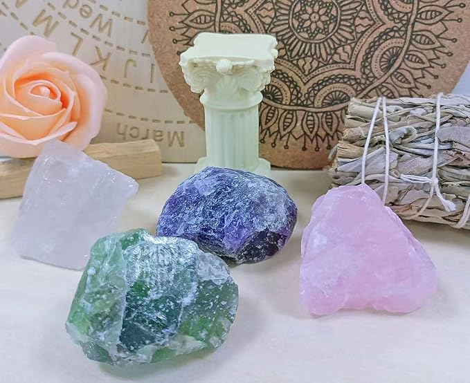 LAIDANLA 1lb 2" Rose Quartz Fluorite Amethyst Clear Quartz Set Natural Rough Stones Crystal Raw Crystals Bulk Healing Gemstones for Reiki Healing Tumbling Fountain Rocks