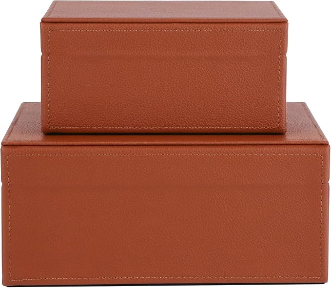 HofferRuffer Faux Leather Jewelry Boxes, Decorative Boxes Storage Accessory Organizer with Gold Hardware Decor, Classic Vegan Leather Set of 2 Pieces (Brown)