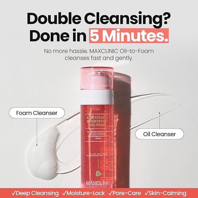 [K-Beauty] Rose Vitamin Oil to Foam - All-in-One Korean Face Wash OilBased Foaming Facial Cleanser - Pore Minimizing & Blackhead Remover - Makeup Deep Cleansing Oil for All Skin Types (3.88 fl oz)