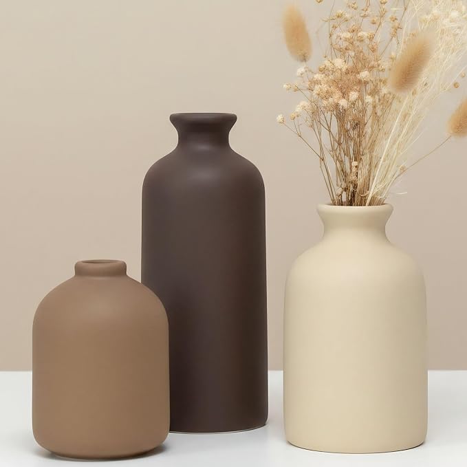 Small Ceramic Vase Set of 3,Modern Boho Farmhouse Flowers Vases | Decorative Vase for Dried Flowers,Pampas Grass,Home Decor,Shelf,Bathroom,Centerpiece for Entryway Table Distressed