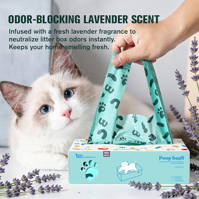 Cat Litter Disposal Bags and Dog Poop Bags with Handle,Cornstarch Based Extra Thick and Guaranteed Leak Proof Poop bags for Kitty and Doggy(180 Count 1.1 Gallon,Lavender Scent)