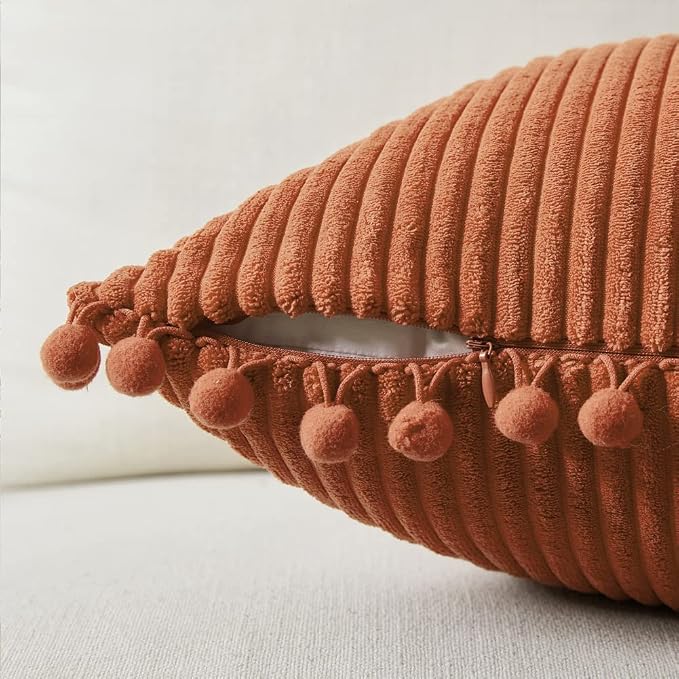 Fancy Homi Pack of 2 Rust Fall Decorative Throw Pillow Covers 18x18 Inch with Pom-poms for Living Room Couch Bedroom, Soft Corduroy Terracotta Solid Square Cushion Case 45x45 cm, Boho Home Decor