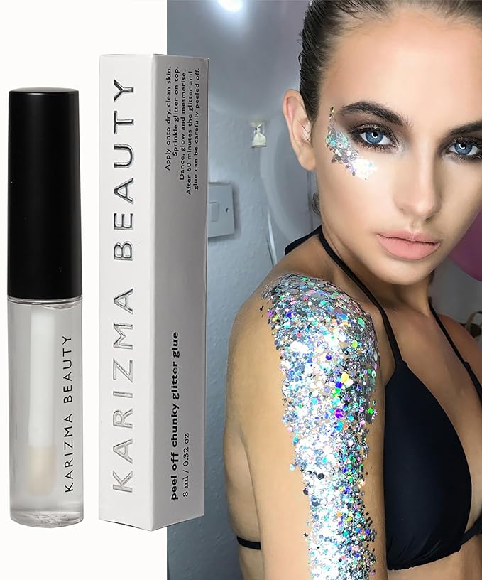 Cosmetic Glitter Glue, The Original Peel Off Formula. KARIZMA Beauty. Face Chunky Glitter Glue Adhesive Body Cosmetic Makeup Glitter Primer