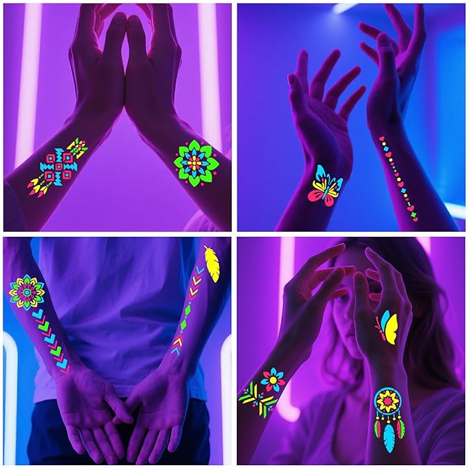 Temporary Tattoo Markers for Skin, 4PCS UV Neon Body Markers + 8 Sheets Temporary Tattoo Stencil for Kids Adult, Flexible Brush Tip, Glow in the Dark Cosmetic Tattoo Pen, DIY Body Art Set