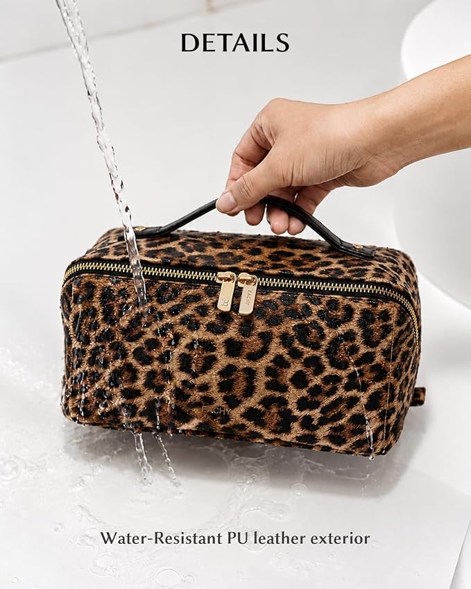 EACHY Travel Makeup Bag, Large Capacity Cosmetic Bag for Women, Waterproof PU Leather, Flat Open Portable Toiletry Bag for Skincare, Brushes & Travel Essentials