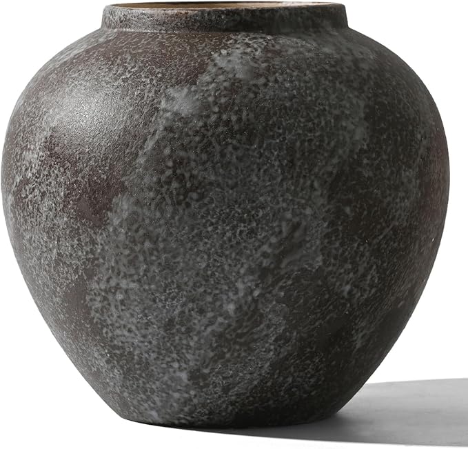 Rustic Ceramic Vintage Farmhouse Vase for Decor (Large Brush Black) | 8.8'' Distressed Stone Vase Home Decor, Decorative Terracotta Round Clay vase for Living Room, Table, Shelf, Kichen Décor