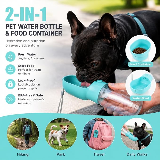 2-in-1 Dog Cat Portable Water & Food Travel Dispenser Bottle (Green)