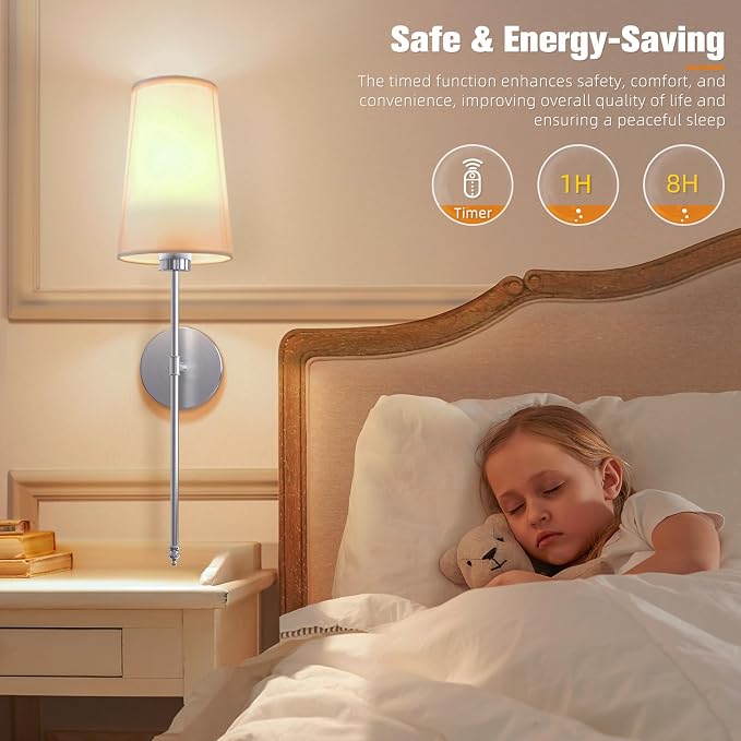 Brushed Nickel Battery Operated Wall Sconce Set of 2,Rechargeable Wall Lights with 10400mAh Dimmable Detachable Bulbs and Remote,9 Colors Wireless Sconces for Bedroom Living Room Hallway