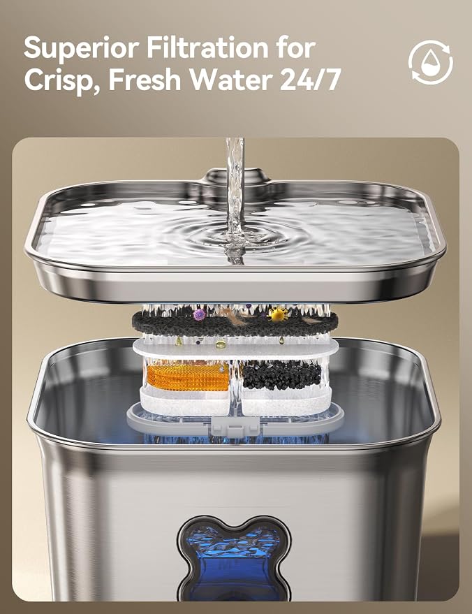FEELNEEDY Cat Water Fountain, 304 Stainless Steel - 95oz/2.8L Faucet-Style Pet Drinking Fountain for Cats & Small Dogs, Ultra-Quiet <20dB, Dishwasher Safe, 4-Stage Filtration & Water Level Window