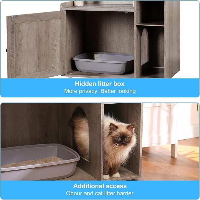 Hey-brother Cat Tree Tower, Food Station, XL Litter Box Enclosure, MPJ101SG | 48.81 Inches Wooden All-in-one Cat Furniture, Large Hammock, Bed, Scratching Posts, Big Basket for Indoor Cats, Rustic Gray