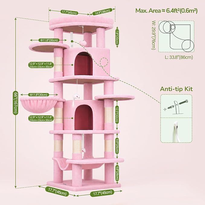 Globlazer 66in Pink Corner Cat Tree Tower for Indoor Large Cats, C66, Pink | Space-Saving Stable Cute Cat Tower with 6 Scratching Posts, 2 Large Fan-shaped Condos & Top Perch, Hammock, Climbing Steps