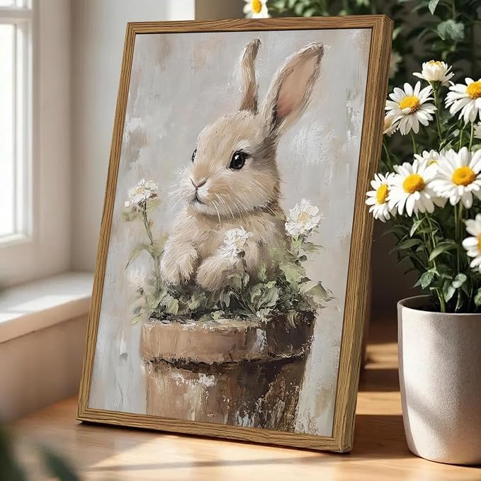Framed Vintage Easter Bunny Wall Art, Cute Cottagecore Rabbit Floral Pictures Wall Decor, Spring Farmhouse Animal Paintings Prints Rustic Home Decor for Living Room Bedroom Nursery 12x16 inch